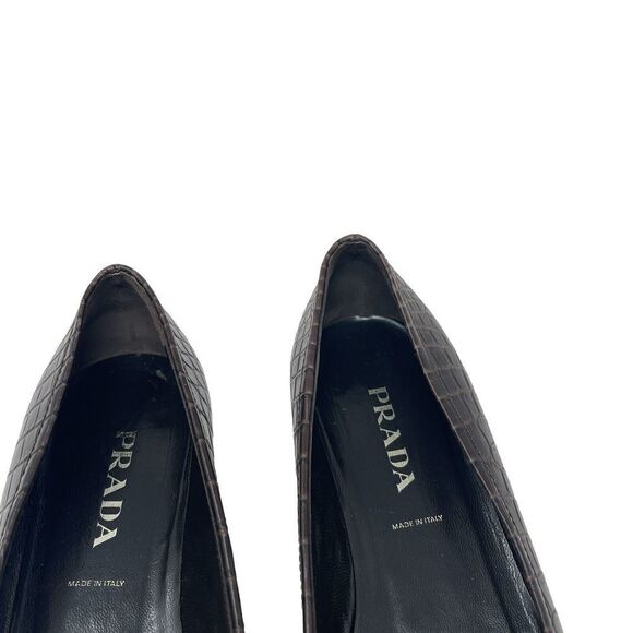 Prada 37 Leather Pointy Toe Brown Low Block Heel Pumps Metal Italy Womens - Picture 5 of 14